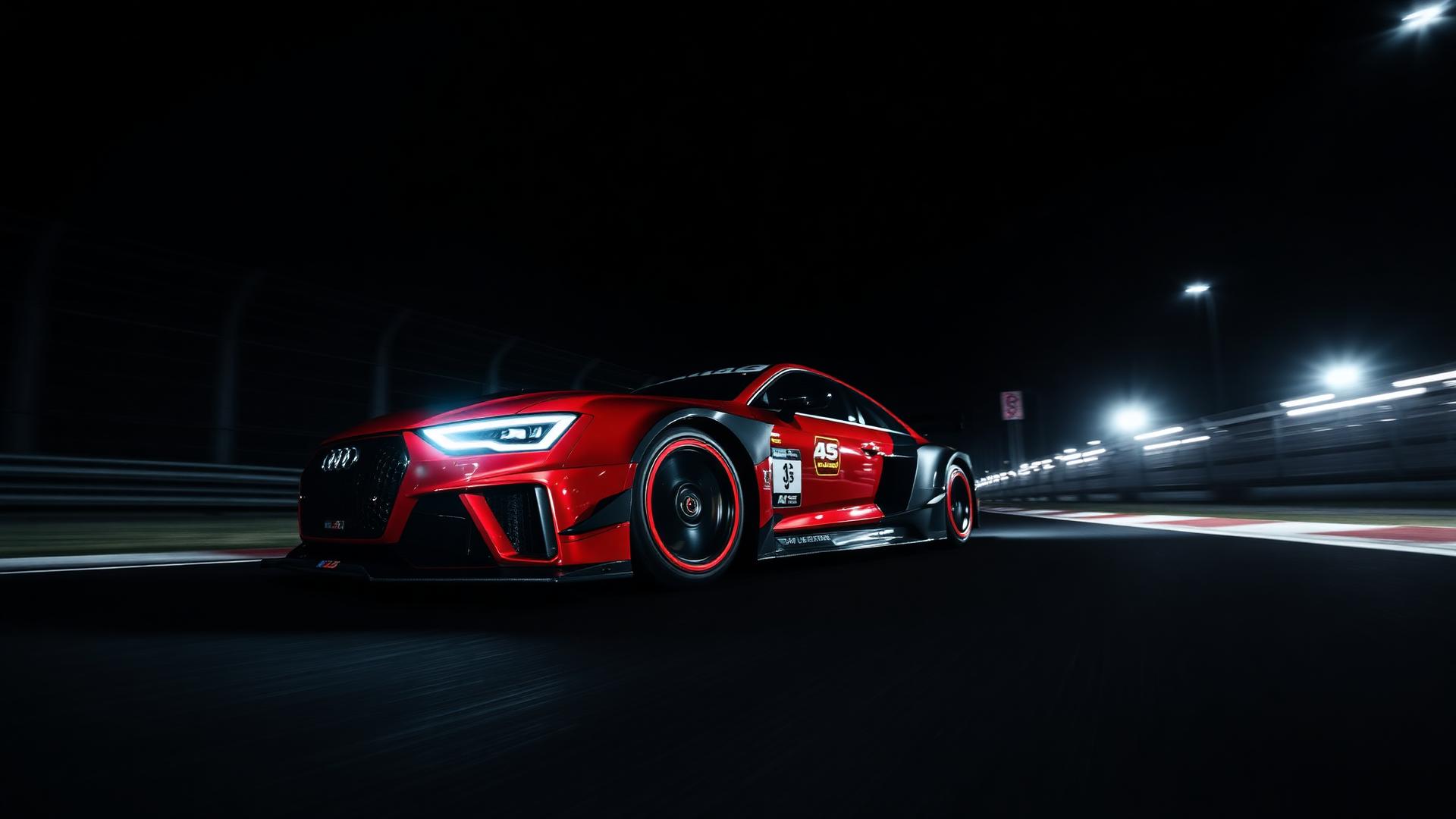 Red Audi race car cornering under floodlights at night